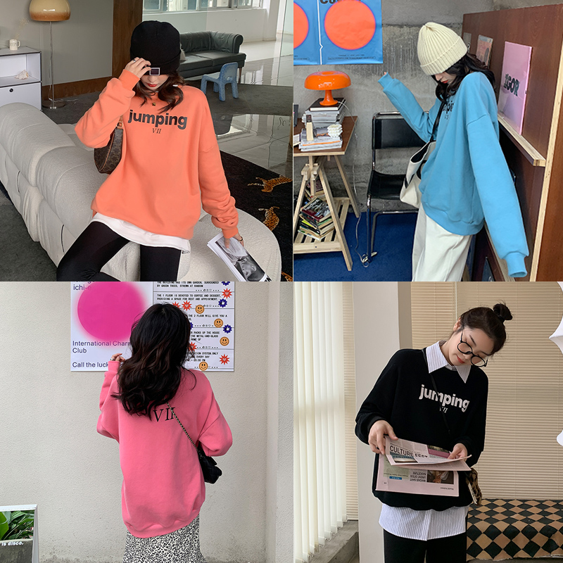 (Hu Chu Girls era) 2021 new early spring loose round neckline headsets thick cotton T female letter printing