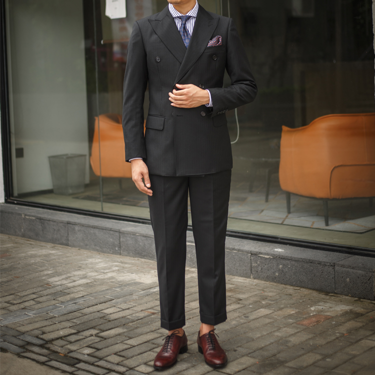 Mùa thu đen toàn len tối sọc cao eo Paris khóa quần phù hợp với người mẫu Slim chân nhỏ xíu kinh doanh retro nam quần tây đẹp