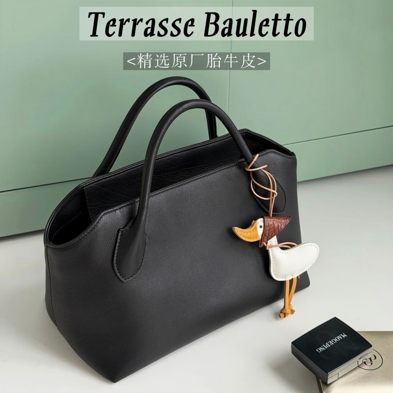 Cyndi Wang's Same Style】Terrasse Bauletto Handbag, Calfskin Leather Handbag, Retro Style Commuter Bag