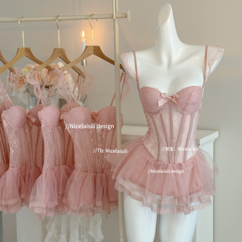 Nicelaisiii French-Style High-End Slimming Fishbone Bra Push-Up Sexy Vest Lingerie Set Lace Nightwear