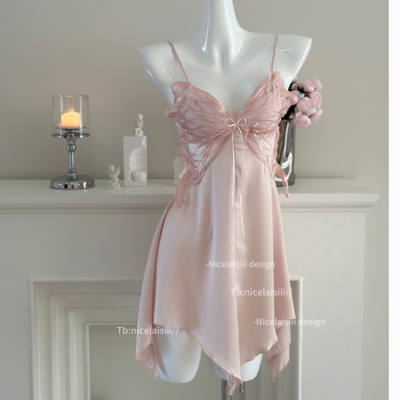 Nicelaisiii Gin Sexy Pure Desire Padded Butterfly Nightgown Small Bust Friendly Satin High-End Sleepwear
