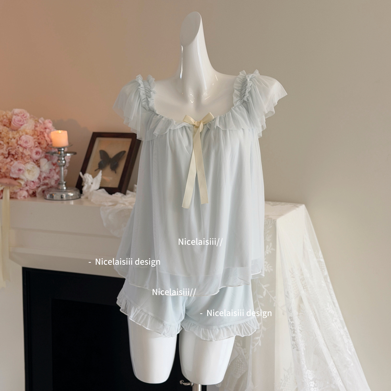 Nicelaisiii Girl's Romance Lace Sweet Modal Pajamas Princess Style Short Sleeve Shorts Homewear