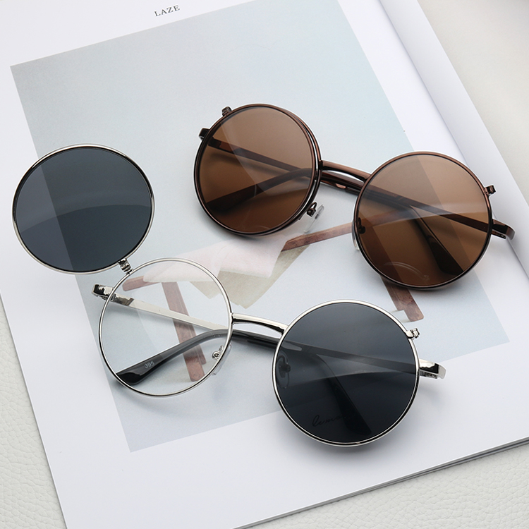 Screw up the sun glasses men and women Han version retro cute round frame flip double-deck lenses sunglasses personality sunglasses