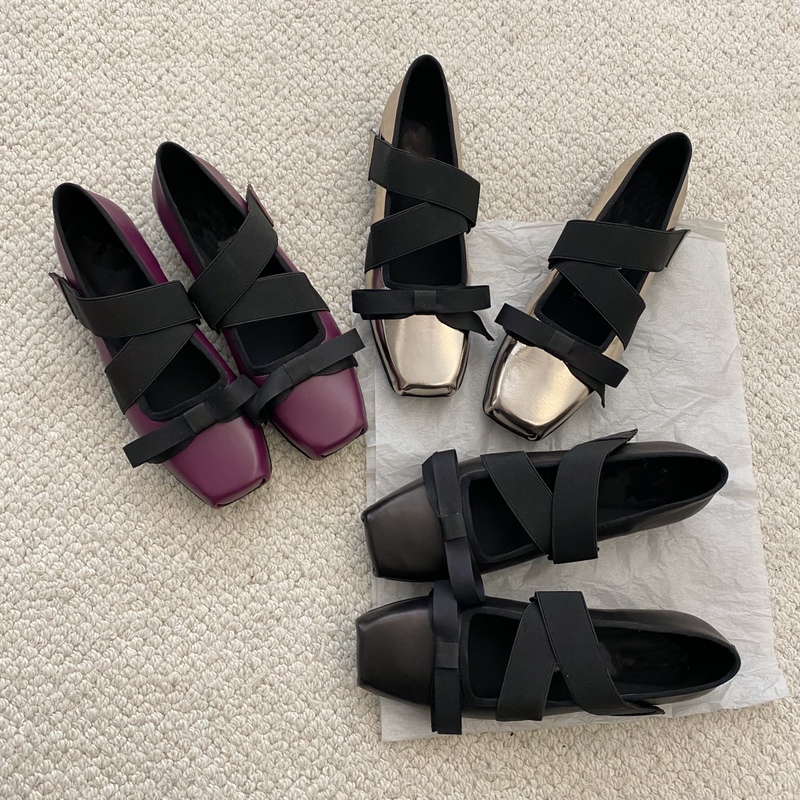 Sheepskin Version Spring/Summer New Bow-Knot Open Casual Sports Ballet Shoes Women's Square Toe Thick-Soled Mary Jane Shoes Yy