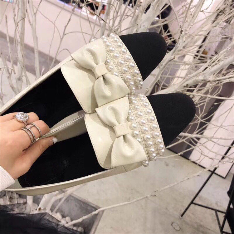 Women's Shoes Pearl Round Toe Low Heel Colorblock Bow Knot Celebrity Temperament