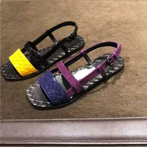 Womens shoes Square head woven color pattern buckle flat bottom womens shoes