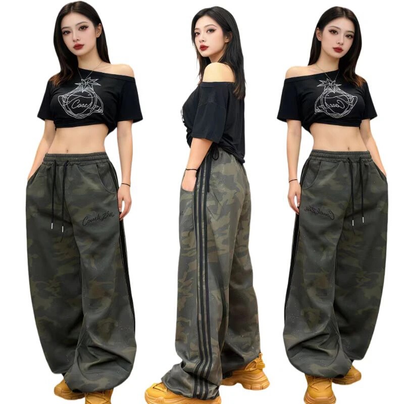 2608 Trendy Retro Camouflage Glitter Pants Green Versatile Loose Hip-Hop Cool Unisex Pants