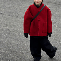 Bora Korean childrens clothing boys woolen coat winter 2024 fashion thickened red childrens New Years clothing trend