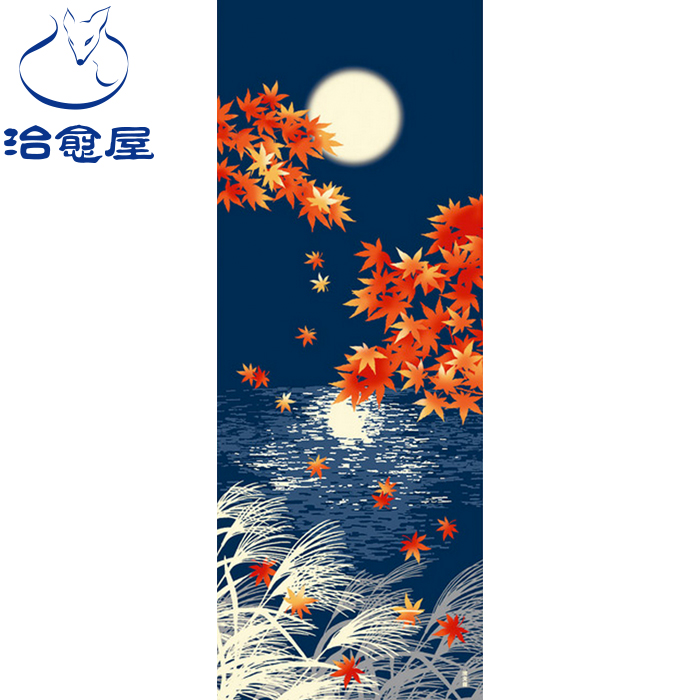 Autumn Moon Lake Maple Forest Red Japan Yokohama Stroke Dyed hand swab Towering House Sword headscarf and wind hanging painting