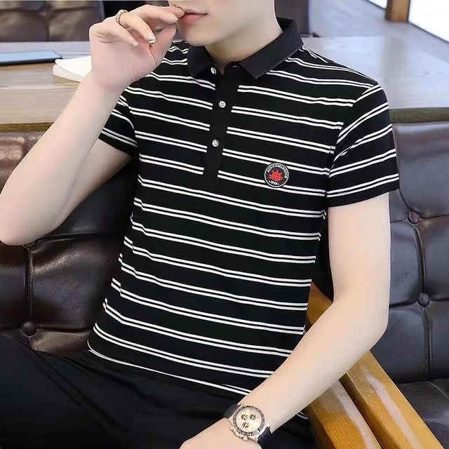 High-quality striped polo shirt new handsome men's lapel ice silk short-sleeved trendy top embroidery collared T-shirt