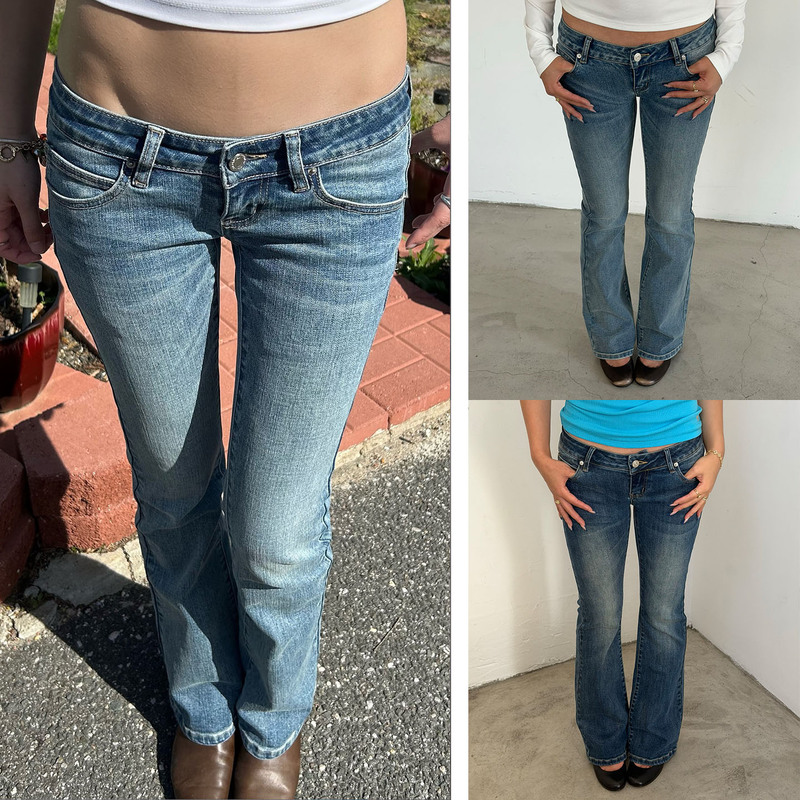 American Brat Ultra-Low-Waist Stretchy Slim-Fit Bootcut Jeans Light Blue Dark Blue Vintage Washed American Style