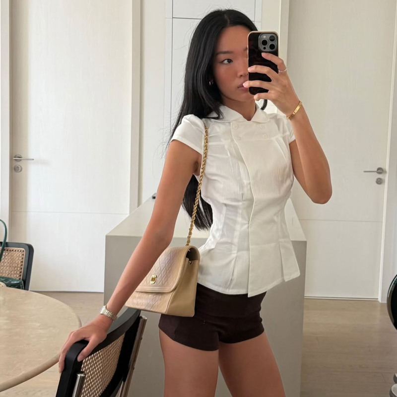 Peachy Den White Shirt with Doll Collar, Waist-Cinching Short-Sleeved Shirt Top Peachy Den White Shirt with Doll Collar, Waist-Cinching Short-Sleeved Shirt Top