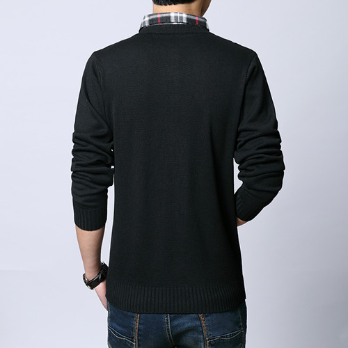 Fake hai chiếc áo thun dài tay trẻ trung áo len cardigan nam mùa đông cotton áo sơ mi cổ áo thun rộng kích thước áo len nam thời trang công sở nam