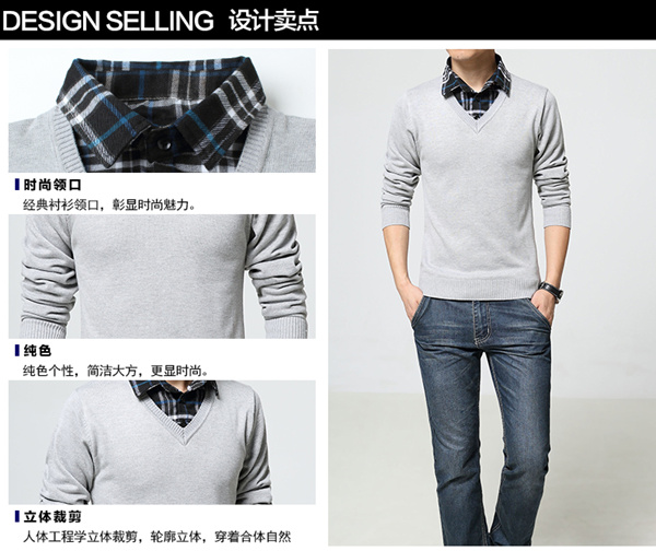 Fake hai chiếc áo thun dài tay trẻ trung áo len cardigan nam mùa đông cotton áo sơ mi cổ áo thun rộng kích thước áo len nam thời trang công sở nam