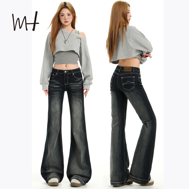American Retro Black Low-Waisted Flared Jeans for Women 2026 Summer New Slim-Fit Petite Bootcut Pants