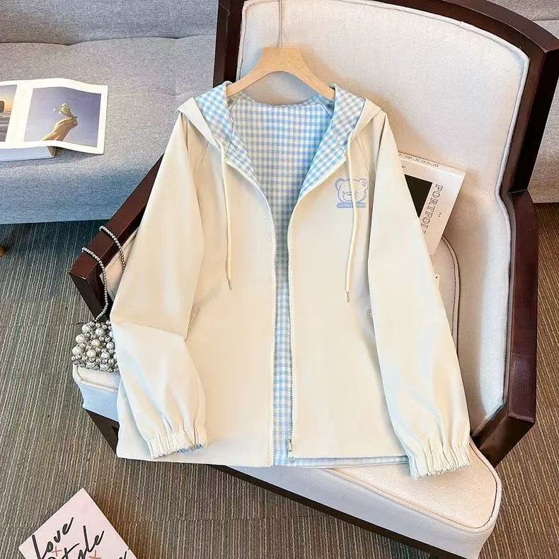College Style Reversible Plaid Hooded Jacket for Women, Spring and Autumn 2026 New Loose Casual Jacket