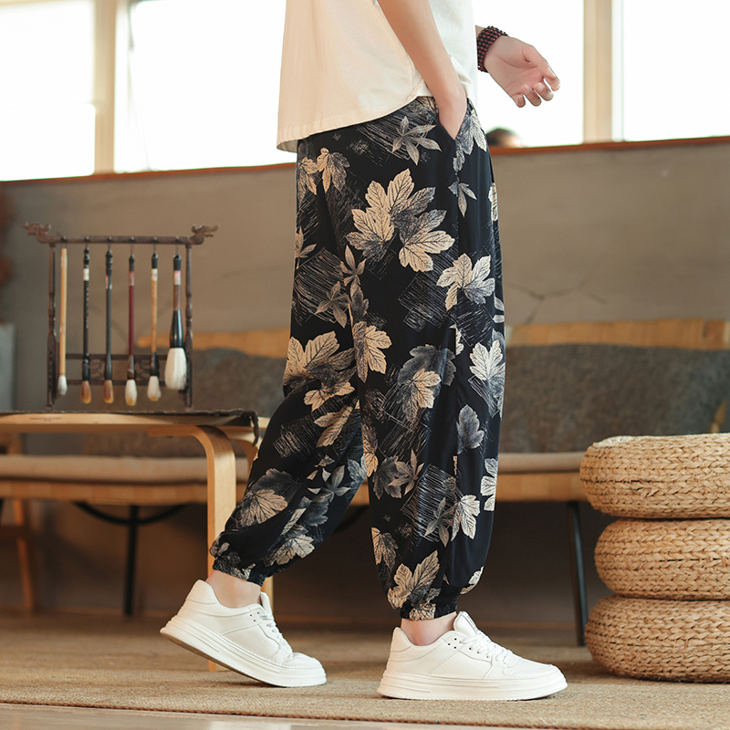Chinese Style Summer Thin Floral Nine-Point Jogger Casual Pants Plus Size Men's Unique Beach Mosquito-Proof Long Pants