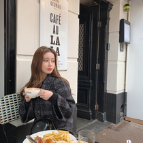 Mushroom mushroom black grid wool coat single-breasted lapel lapel early autumn Long Short