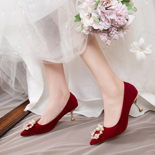中式秀禾服婚鞋春季2021年新款酒红色高跟鞋女结婚新娘鞋水钻红鞋