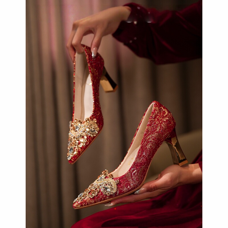 Red Xiuhe Wedding Shoes for Women 2026 New Style Pointed Toe Chunky Heel Chinese-Style Toast Dress Wedding Bride High Heels Comfortable for Feet