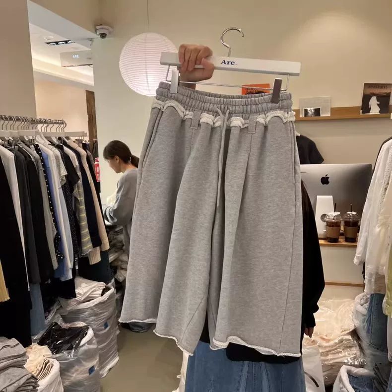Extra Large Size 150kg Design Drawstring Elastic Waist Frayed Hem Loose Wide-Leg Pants for Women, Versatile Summer Casual Pants Extra Large Size 150kg Design Drawstring Elastic Waist Frayed Hem Loose Wide-Leg Pants for Women, Versatile Summer Casual Pants