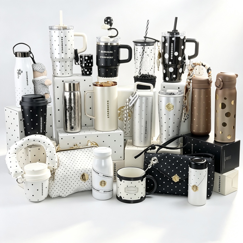 Starbucks Cup 2026 Polka Dot Black and White Handle Mug Double Drinking Mouth Straw Insulated Car Drinking Cup