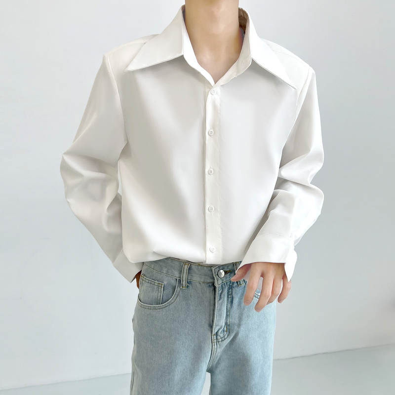 High-End Tie Shoulder Pad Design Shirt for Men, Drapey, Niche, Large Pointed Collar, Loose French-Style White Long-Sleeved Shirt