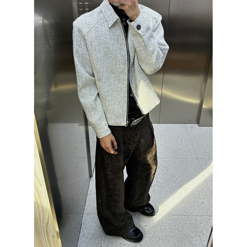 American Retro High-End Woven Tweed Chanel-Style Jacket for Men, Loose-Fitting Commuter Short Coat for Spring and Autumn, Trendy
