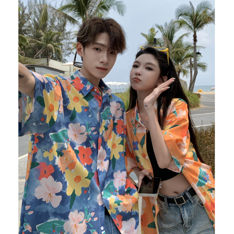 Beach and Seaside Couple Outfits 2026 Summer New Style Men's and Women's Hawaiian Floral Shirt Jacket Short-Sleeved Loose Shirt