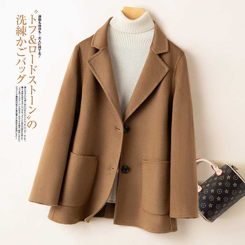 Autumn and Winter Double-Sided Cashmere Coat for Women, Short Style for Petite Figures, High-End Woolen Jacket with a Suit Collar, Slim Fit, Simple Woolen Design