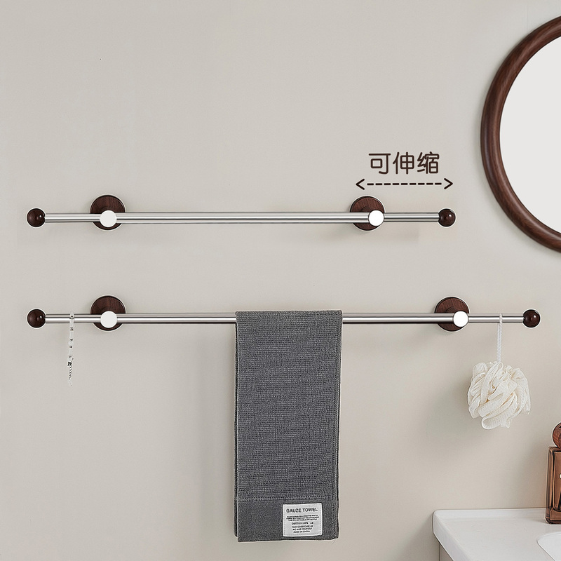 Walnut Wood No-Drill Towel Rack 304 Stainless Steel Single Rod Bathroom Hanging Rod Bathroom Extendable Telescopic Towel Bar