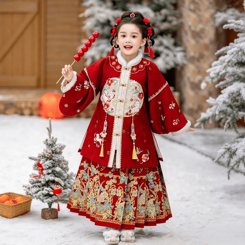 Hanfu for Girls, Winter Style, Ming-Style New Year Outfit, Heavy Gold Embroidery, Mamian Skirt-Piece Set, Red, Thickened, Chinese Style Tang Suit