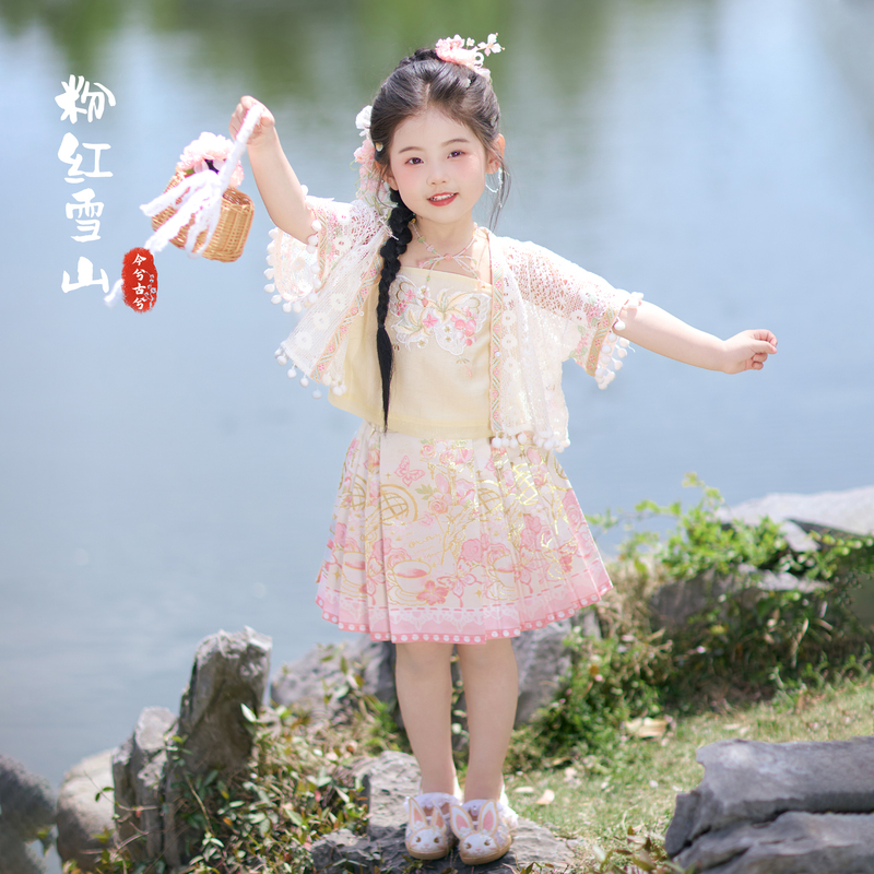 Xixijia's New Hanfu for Girls, Mamian Skirt Summer, Short Traditional Style Set, Pink, Suitable for Everyday Wear, Pink Snow Mountain