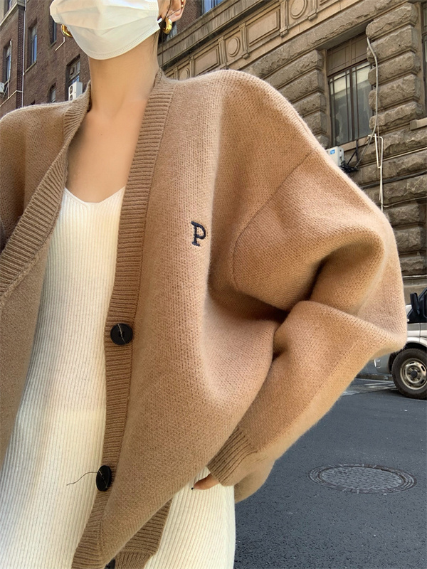Korean Dongdaemun Autumn and Winter New Retro Lazy Loose Long-Sleeved Knitted Cardigan Letter Embroidered Sweater Jacket for Women