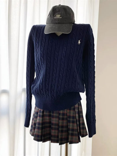 爆款callmeear//奶油麻花复古刺绣V领长袖针织毛衣初秋套头女上衣