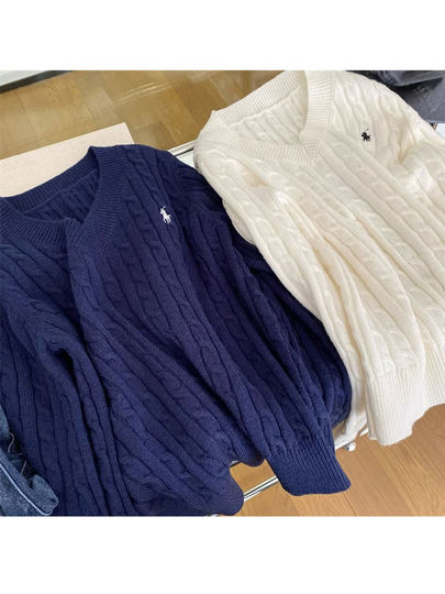 爆款callmeear//奶油麻花复古刺绣V领长袖针织毛衣初秋套头女上衣