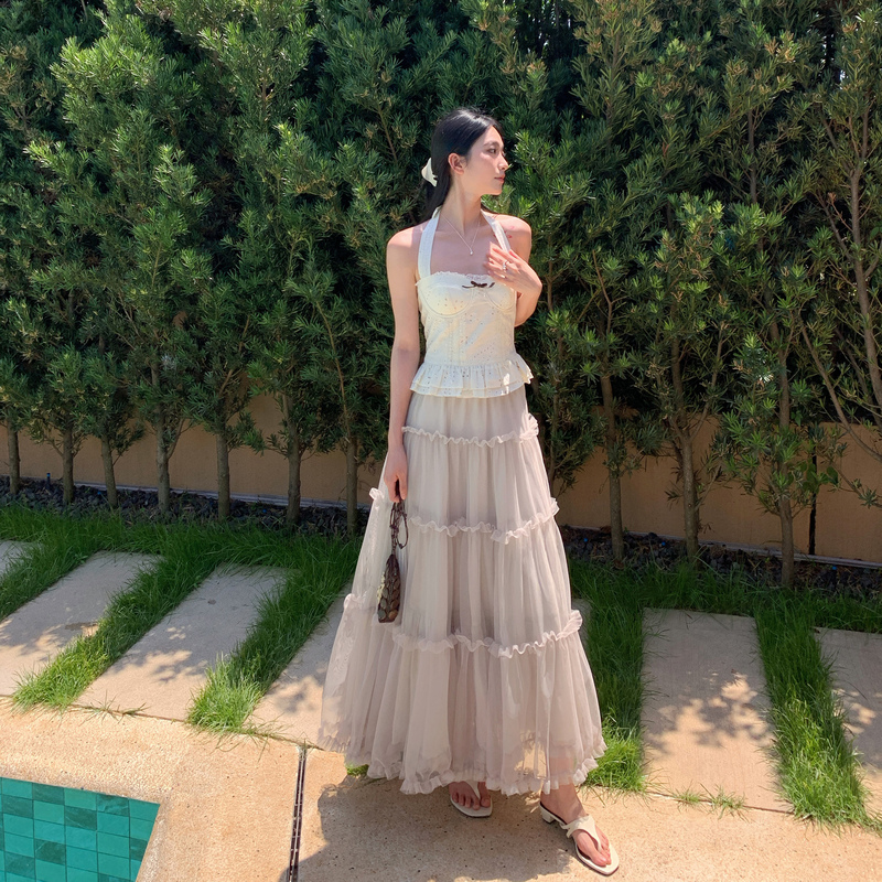Xia Lan Xiyu Smbl Rain Light Gray Mesh Ruffle Cake Skirt Elastic Waist A-Line Lace Skirt