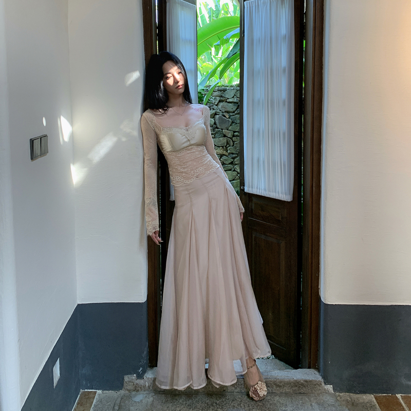 Xia Lan Xiyu Smbl Rain Nude Color High-End Gauze Retro A-Line Large Hem Skirt Gauze Skirt 2026 Summer