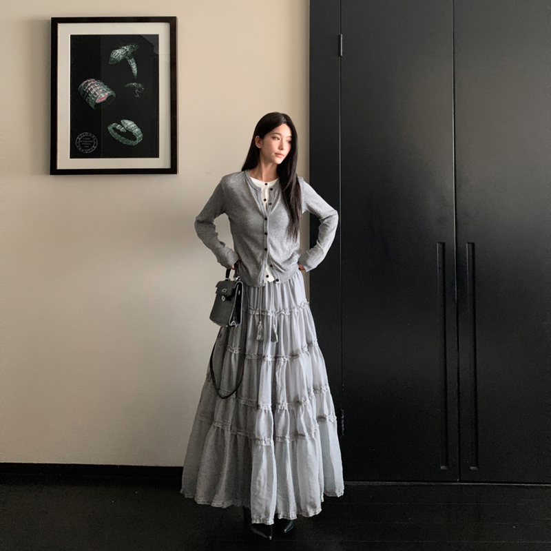 Xia Lan Xiyu Smbl Rain Gray Mesh Ruffled High-Waisted Skirt Tiered Skirt for Women Summer 2024 New