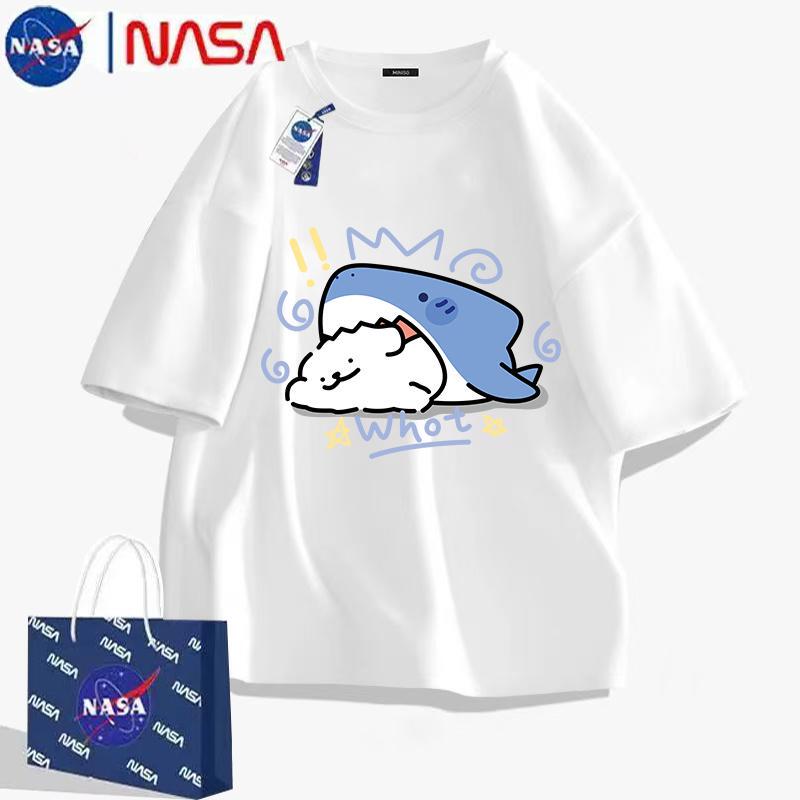 Nasa Co-Branded Cartoon Shark Puppy Pure Cotton Short-Sleeved T-Shirt for Men and Women, Summer American Style Versatile Half-Sleeve for Teenagers