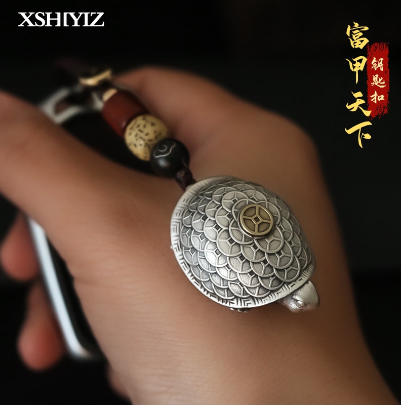 Pure Silver 999 Turtle Shell Keychain Pendant, Unique Creative Turtle Hand Ornament, Phone Charm, Men's Silver Jewelry