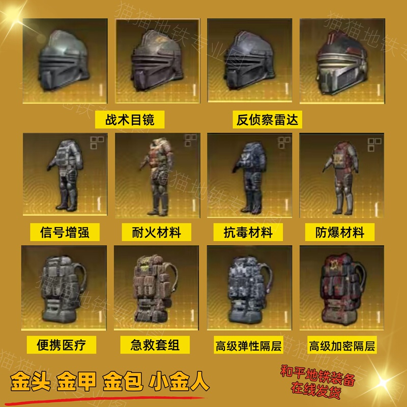 Peace Metro Escape Equipment: Anti-Flash Headgear, Black Eagle Dual High Pack, Xuanyuan Armor, Iron Claw Portable Bag, Large and Small Golden Figures