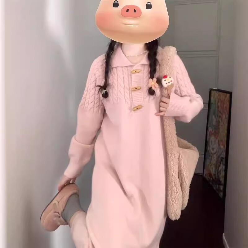 Korean Style Lazy Pink Cable Knit Sweater Dress for Women, Loose Fit, Slimming, Versatile, Inner Layer Knit Long Dress for Autumn and Winter