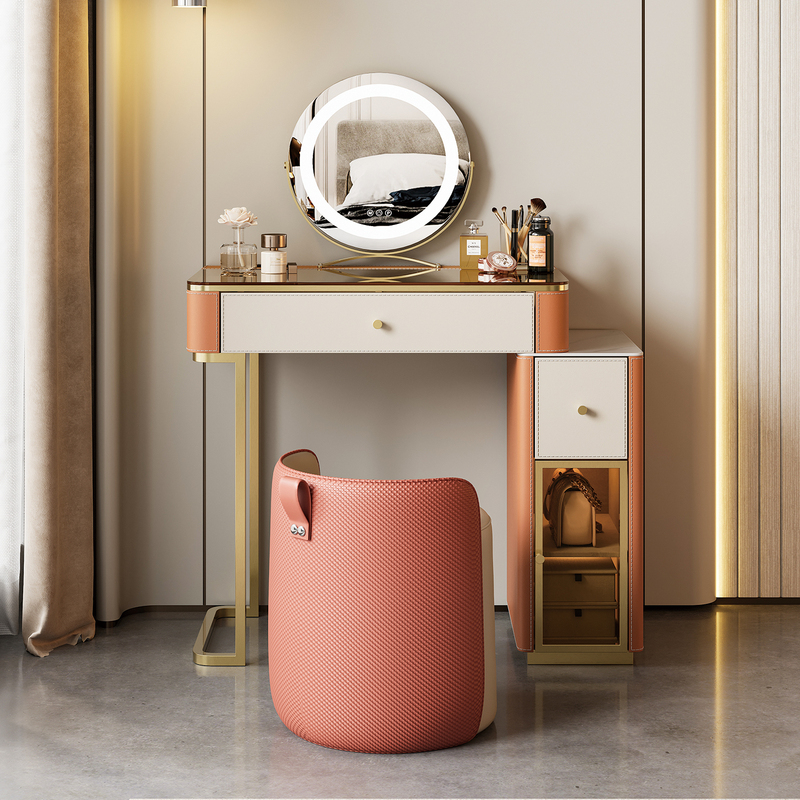 Light Luxury Minimalist Dressing Table and Dresser Combo for Bedroom, with Mirror and Lights, High-End Solid Wood Storage Cabinet, Small Apartment Makeup Table