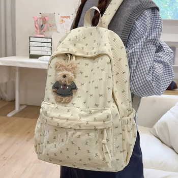 2025 Autumn and Winter New Corduroy Backpack for Female Middle School and College Students, Class Bag with Unique Design and Bow