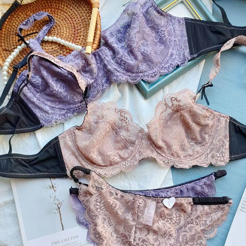 French bar ultra-thin bra set with steel ring big breasts small gathered comfortable breathable underwear summer thin section women