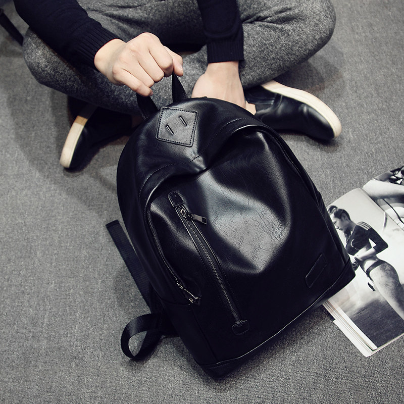 Trendy men's backpack junior high school student schoolbag men's retro fashion trend pu leather bag solid color simple travel backpack