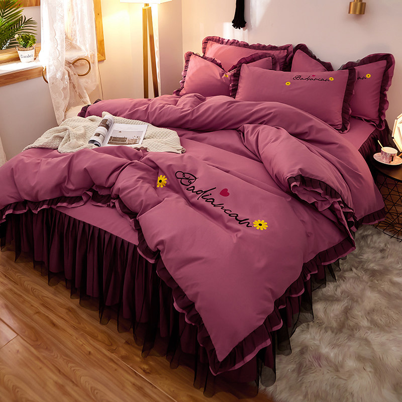 Fairy style four-piece set bed skirt style double quilt can not be covered without balls without falling off the double skirt lace-trimmed princess series