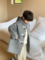 okaidi childrens clothing winter boys double-sided cashmere solid color hooded coat childrens stylish thick woolen coat trendy