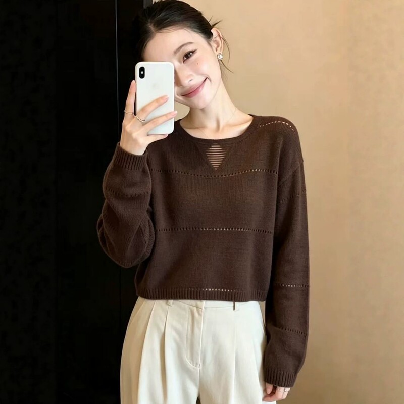 Autumn Outfit Round Neck Hollow-Out Knit Sweater Long-Sleeve Women's 2026 New Style High-End Lazy Style Loose Knit Top Autumn Outfit Round Neck Hollow-Out Knit Sweater Long-Sleeve Women's 2026 New Style High-End Lazy Style Loose Knit Top